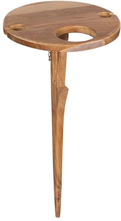 MR. DEKO® Getränkehalter Poole Teakholz | Ablagetisch mit Aufnahme von 1 Flasche und 2 Gläsern | Teak Tisch rund Ø 30 x 63 cm (DxH) | Outdoorzubehör für Balkon, Terrasse, Wintergarten, Garten