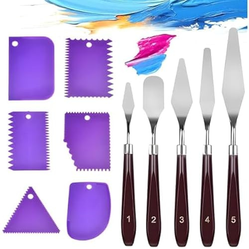 YWKJDDM Palette Messer Set, 5 Stück Malmesser Set mit 6 Stück Lila Zahnspachtel, Malen Palettenmesser Malwerkzeuge Acryl Spachtel zum Ölgemälde für Ölgemälde Gouache Aquarell, yw00115