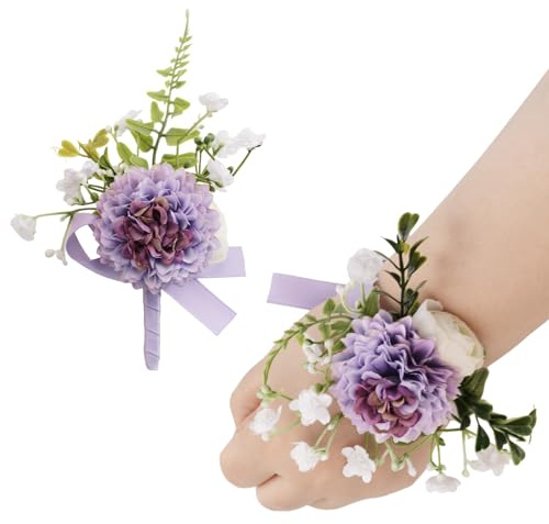 URROMA Juego de ramillete de muñeca y boutonniere, flor de mano artificial de crisantemo morado claro para graduación, boda, ramillete de muñeca para fiesta de graduación