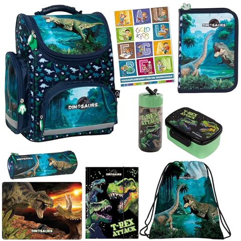 Goldkids - Schulranzen für Jungen und Mädchen, 9er-Set - Schul-Rucksack für Kinder mit Federmäppchen - Schuhbeutel Malunterlage Sammelmappe und Hausaufgabenheft - Dinosaurier Motiv - 1-3 Klasse