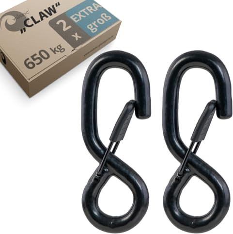 valonic CLAW - 2x Gancio a S con chiusura di sicurezza, gommato, 650 kg, moschettone con occhiello, per cinghie di tensione, rimorchi, fettucce, teloni, pali, nero