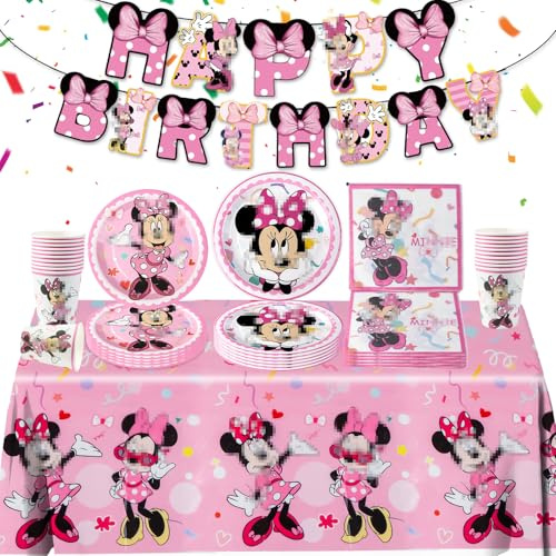 Piatti di carta per feste di compleanno per bambini, stoviglie decorazioni festa bambine - 52 pezzi rosa Mini Mouse piatti di carta tovaglia Happy Birthday banner decorazioni compleanno piatti