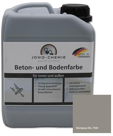 JOWO-CHEMIE Vernice per pavimenti (5 kg), in plastica liquida per calcestruzzo, per 40 m², colore grigio, per tutte le superfici minerali (grigio pietra RAL 7030)
