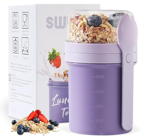 Swkien Muesli - Gobelet à emporter - 450 ml + 250 ml - Gobelet à yaourt à emporter avec cuillère - Gobelet à céréales à emporter pour céréales et yaourt - Anti-fuite - Pot à déjeuner (violet vif)