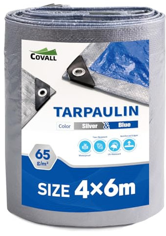 Covall Tarpaulin Light-Duty Tarp Groundsheet Sheet Cover 4x6m Waterproof 65g/m² Silver&Blue tarpaulin with eyelets Weatherproof Windproof UV-Resistant for Car Truck Rv House Tent Boat Pool