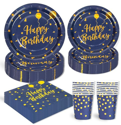 96 Stück Geburtstag Party Geschirr Set, Happy Birthday Blau Gold Becher Serviette Pappteller für Mädchen Kinder Tischdekoration - 24 Gäste