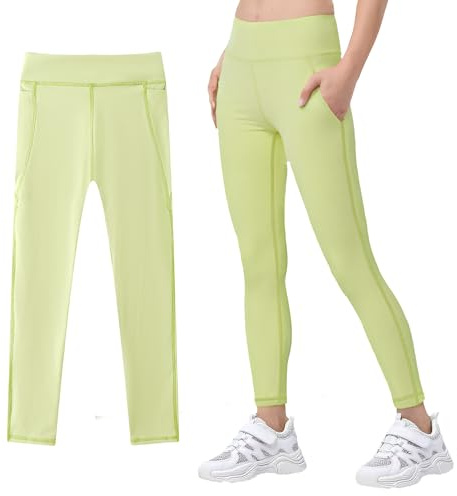 JinBei Sportleggings, flickor, långa sport, yogabyxor med 2 fickor, löparbyxor, hög midja, elastiska barn, ventilerande sportbyxor, gymnastik, jogging, träning, långa byxor för 5–11 år, GR.110–152