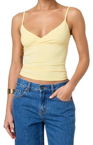 Edhomenn Women's Y2k Pleated Camisole Mini Bowknot Front Spaghetti Strap Lace Vest V-Neck Cropped Tank Tops Sexy Low-Cut Tops (05 Yellow, S)