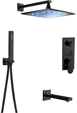 Black Rain Shower Combo Set with 8Inch LED Digital Display WallMounted Faucet Handheld Showerhead Tub Spout & Embedded Box for Luxurious Bathroom Experience