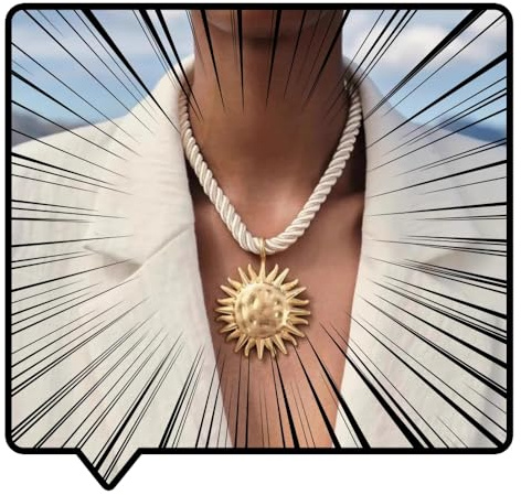 Doubnine Vintage Rope Chain Necklace with Gold Sun Pendant, White Twisted Cord, Statement Fashion Jewelry