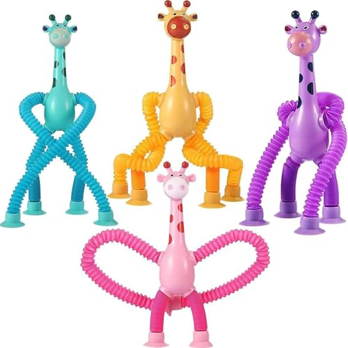 4 Stück Saugnapf Giraffe Spielzeug, Telescopic Suction Cup Giraffe Toy, Lustiges Pädagogisches Stressabbau Spielzeug, Kreatives Mitgebsel für Kinder und Erwachsene, Ideal für Geburtstag Party, Büro