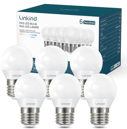 Linkind E27 P45/G45 LED Birne 3,4W klasse D Energiesparlampe 6500K kaltweißes LED Lampe, ersetzt 40W Glühbirnen, 470 Lumen Licht 240° Abstrahlwinkel, nicht dimmbar, 6 Stück