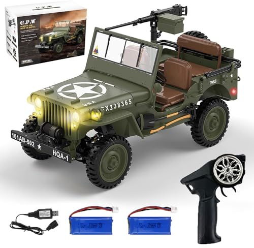 Hylukon 1:14 Scale Military Remote Control Car RC Crawler, 2.4G 4WD Off-Road Jeep RC Truck with LED Lights and Sound Effects, Rock Climbing Vehicle for Teens Adults (Green 2 Batteries)