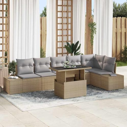 Yunovire Gartensofa-Set, 7-teilig, Beige/Hellgrau Poly-Rattan, Modulares Loungesofa mit Höhenverstellbarem Tisch, für Terrasse, Balkon, Garten, Langlebig