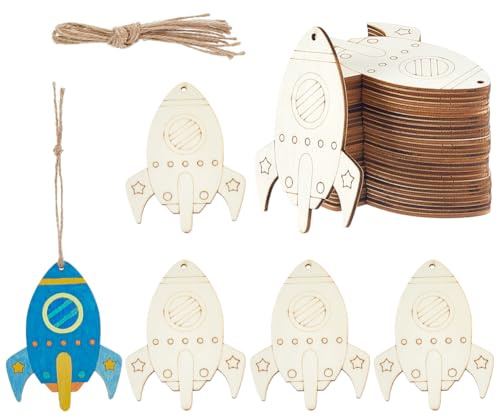 PH PandaHall 30pcs Wooden Rocket Hanging Ornaments for Painting, Unfinished Wooden Space Cutout Pendants Blank Wood Crafting Tags with Jute Cord for Birthday Baptism Party Home Decoration Art Crafts
