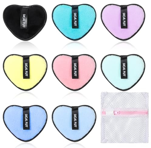 XLIUAX 8 stycken sminkkuddar tvättbar, återanvändbara makeup remover pads hjärtform tvättbar smink bomullskuddar mjuka sminkkuddar med förvaringspåse för alla hudtyper, 8 färger
