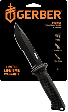 Gerber Gear Prodigy Fixed Blade Survival Tactical Knife - Made in USA Full Tang, Serrated Edge Knife - American High Carbon Steel Blade - Molded Soft-Grip - with Protective MOLLE Sheath - Black