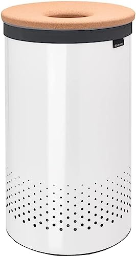 Brabantia - Wäschekorb - Quick-Drop-Öffnung - Perfekt sitzenden Baumwollwäschesack - Korrosionsfrei - Mit Belüftungslöcher - Korkdeckel - Wäschesammler - Weiss - 60 L- 38.0 x 63.5 x 38.0 cm
