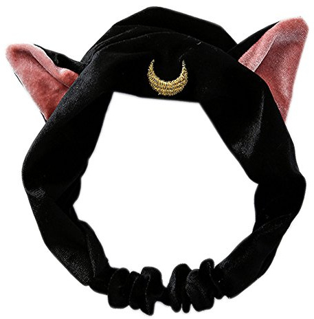 Moon Cat Ears Makeup Cosmetic Shower Elastic Hair Band Headband for Women Men Girls Head Wrap Accessories TS12 (Black)