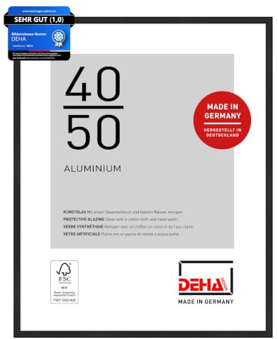 DEHA Design Aluminium Bilderrahmen Boston, 40 x 50 cm, Schwarz | Aluminium Posterrahmen im Hoch- & Querformat zum Aufhängen Schwarz matt bruchsicheres Kunstglas