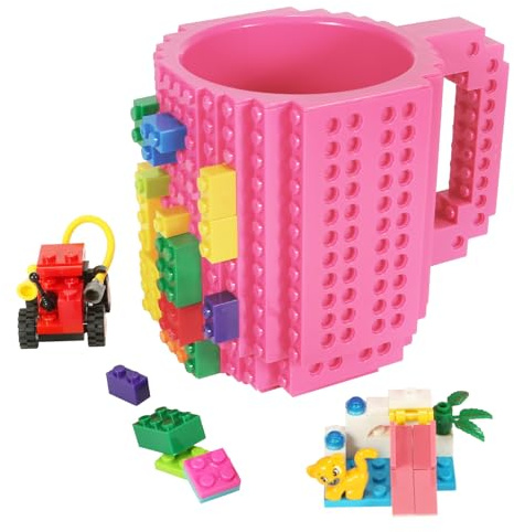Lumsburry Build-on Brick Coffee Mug, Funny DIY Unique Novelty Drinking Cup | Building Blocks Creative Mug, for Men Women Kids Dad Mom, Present Exchange Ideas, Xmas Birthday White Elephant(Rose)