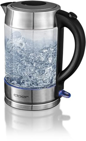 Cloer 4429 Hervidor de agua de cristal, 2200 vatios, Iluminación LED, Tapa de boquilla de silicona, indicador de nivel de agua, elemento calefactor oculto, 1,7 litros, acero inoxidable