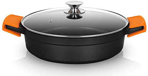 Orbegozo CDB 1032 Cacerola Baja Aluminio Forjado, 5.9 L, Superficie Antiadherente Libre de PFOA, Asas de Silicona, Tapa de Cristal Templado