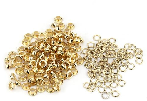 Estink Ösen Scheiben Set 5 mm, 100 Stück Metallösen mit Unterlegscheiben, Grommet Werkzeug Kit für Leder, Kleidung, Schuhe, Taschen, DIY Basteln, Gold | Metallringe, mit Unterlegscheiben, Messing-Eisen, für Leder, Schuhe, Taschen, DIY