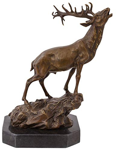 aubaho Bronzeskulptur röhrender Hirsch Felsen im Antik-Stil Bronze Figur Statue