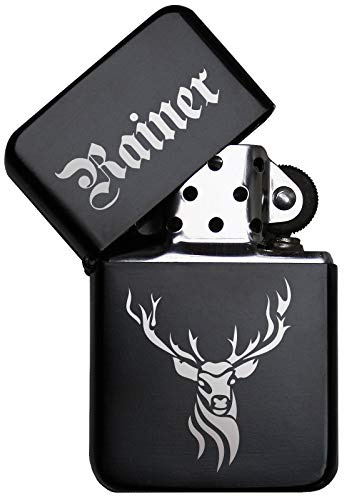 Pixelstudio Hirsch Feuerzeug mit persönlicher Namens Gravur Geschenk Jäger Männer Frauen Sturmfeuerzeug Benzinfeuerzeug