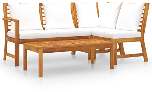 Tidyard 4-TLG. Garten-Lounge-Set mit Auflagen Lounge Sitzgruppe Sofa Bank Gartenset Sitzgarnitur Mittelsofa Ecksofa Tisch Gartenmöbel Akazienholz Massiv Creme