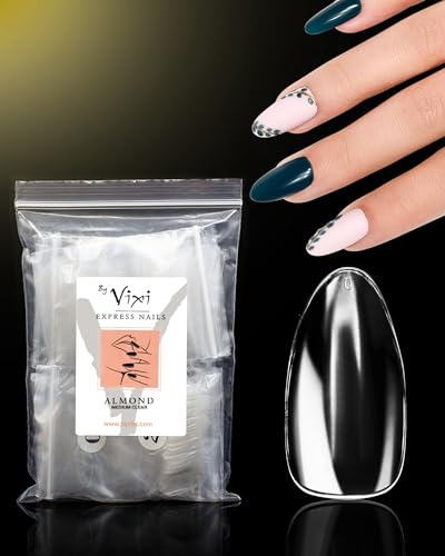 600 Unghie Finte Mandorla Media Trasparenti con Colla Extra Forte 2g e Lima – Tip Press On a Copertura Completa, Unghie Finte Adesive, 10 Misure, per Gel, Acrilico e Nail Art – By Vixi