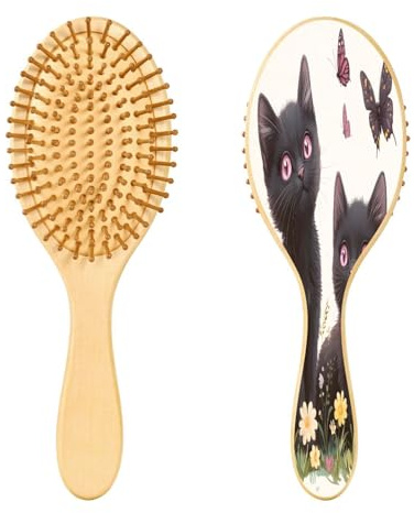 SKYSHU Cat Natural Wooden Hair Brush with Comfortable Wooden Bristles, Detangling and Styling Oval Hairbrush for Women, Men and Kids All Hair Types (Wet Dry & Damaged Hair)