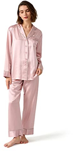 LilySilk Seide Damenpyjama Schlafanzug Set mit 100% 22 Momme Maulbeerseide Nachtwäsche Strass Besatz Hausanzug Seidenpyjama für Damen(Altrosa,XXL) Verpackung MEHRWEG