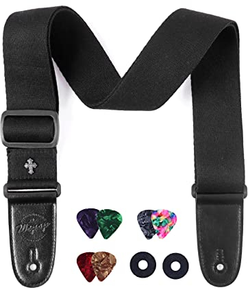 Wepop Gitarrengurt, schwarz, verstellbar, gewebte Baumwolle, mit Enden aus PU-Leder, Zubehör für Akustikgitarre, E-Bass (schwarz)