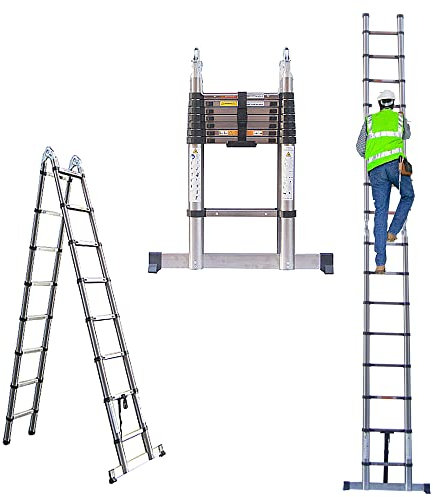 Teleskopleiter 5M – Edelstahl A-Frame Klappleiter – Mehrzweckleiter zum Reinigen von Dachrinnen, Dekorieren, Streichen von Wänden – Belastbarkeit 150kg