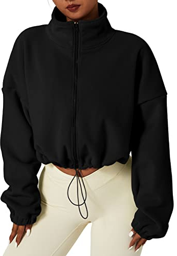 QINSEN Women's Full Zip Fleece Short Jacket Warm Winter Long Sleeve Stand Collar Sherpa Crop Coat Black S