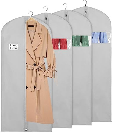 Syeeiex Kleidersack Stoff für die Aufbewahrung, 152x60 cm 4 Stück - Grau | Atmungsaktiver Kleiderhülle, Kleidersäcke mit Reißverschluss, Kleidersack Lang für Mantel Kleid Abendkleider & Kostüm