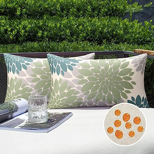 Funda de Cojín 30x50cm Verde y Azul Fundas Cojines de Sofá Exterior Lino Impermeable Flor de Dalia Funda Almohada Cuadrada Modernos Decoración Sala de Estar Dormitorio Jardín Terraza Cama, 2 Piezas