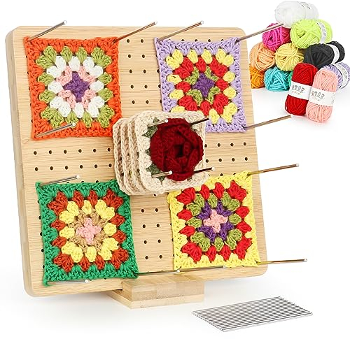 Coopay Granny Square Spanner, Wooden Granny Squares Blocking Board, 23,5 x 23,5 cm Sperrbrett Häkeln mit 12 Wollknäuel, Sperrbrett für Granny Square, Häkel Teile zu Spannen, Sperrbrett Granny Squares