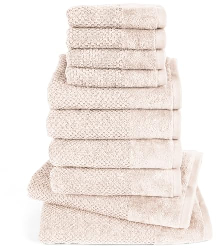 Pure Label 10-TLG. Handtücher Set mit Aufhängeschlaufen aus 100% Baumwolle, saugstark und weich - 2X Badetuch (70x140 cm) 4X Handtuch (50x100cm) 4X Gästetuch (30x50 cm), Creme