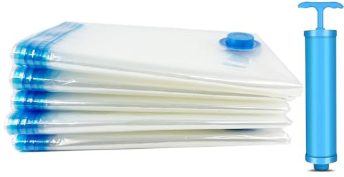 5 Pack Vacuum Storage Bags Vacuum Compression Zipper Storage Bags with Hand Pump Space Saving Bags for Closet Storage, 50 x 70 cm