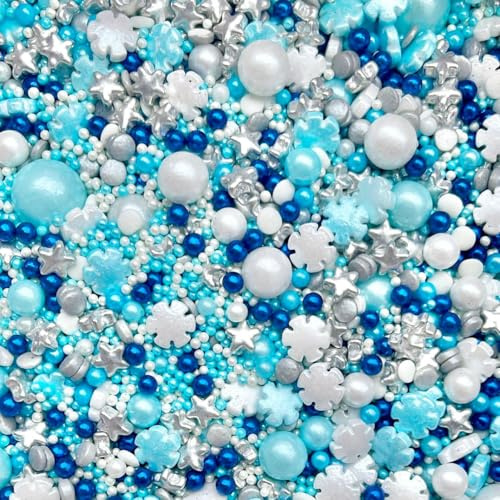 Frozen baby blue silver metallic snowflakes white Vegan Vegetarian Halal sprinkles edible pearls balls cupcake cake toppers biscuits pearls decoration 100s 1000s bright party baking ELSA