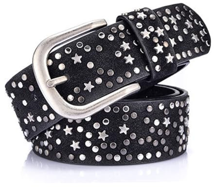Jalach Damen Gürtel Stern Nieten Ledergürtel Breiter Nietengürtel für Jeans Hosen, kürzbar, Leder Jeansgürtel (Schwarz)