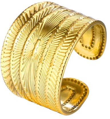 OIDEA Bague ouverte pour femme Soleil : plaqué or 14 carats Bague ouverte large réglable Élégant motif rayon de soleil en acier inoxydable Bijoux cadeau pour femme petite amie sœur, Acier inoxydable