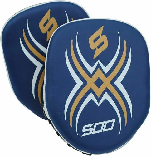 Kids Junior Boxing Pads - PU Leather Focus Pad for Sparring, MMA, Kickboxing, Muay Thai, Martial Arts, Punching, and Coaching Focus Mitts - Hook and Jab Boxing Mitts for Girls & Boys (Black/Blue)