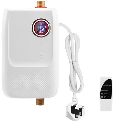 Tankless Water Heater 220V 3000W Mini Tankless Electric Water Heater, Remote Control, with LED Digital Display and Touch Buttons, Suitable for Under Kitchen Sink, Bathroom Shower, UK Plug