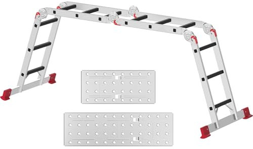 AMHANCIBLE Scala multiuso in alluminio 4 x 3, Scaletta multifunzione, Scaletta pieghevole, fino a 150 kg, Lunga 340cm, 12 Gradini, Design 6-in-1, per uso domestico, Colore Rosso EBAL01RD