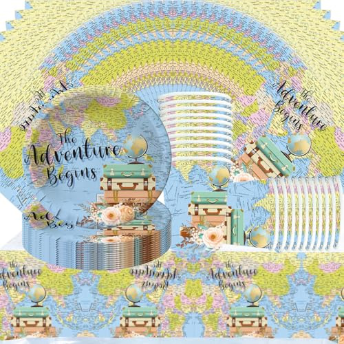 Travel, set di stoviglie da viaggio e avventurieri per feste, 20 ospiti, tovaglie, piatti, tazze, tovaglioli per accessori per feste di compleanno