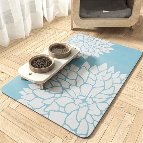 Hearda Futtermatte Hund rutschfest, Blumen Muster Napfunterlage Hund Saugfähig Katzen Futternapf Unterlage Schnelltrocknend Unterlage Katzennapf Futternapf Matte (40x60cm,Blau)
